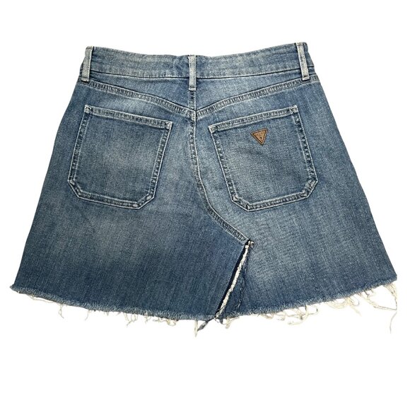 GUESS Military Patch Detail Women’s Size 27 Denim Mini Skirt Blue Raw Hem Y2K - Picture 11 of 11
